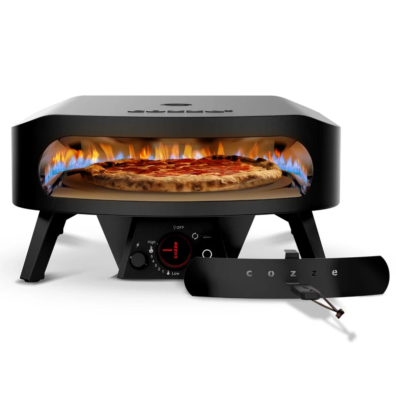 Cozze® 17" Pizzaofen Gas Schwarze Edition mit rotierender Pizzastein Ø43 cm - 600°C, Pizza in 2 Minu
