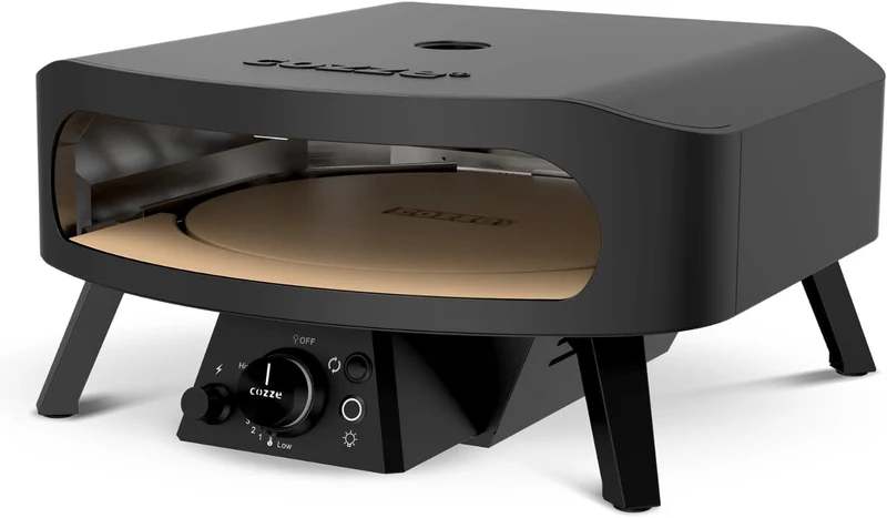 Cozze® 17" Pizzaofen Gas Schwarze Edition mit rotierender Pizzastein Ø43 cm - 600°C, Pizza in 2 Minu