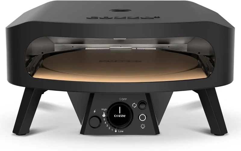 Cozze® 17" Pizzaofen Gas Schwarze Edition mit rotierender Pizzastein Ø43 cm - 600°C, Pizza in 2 Minu