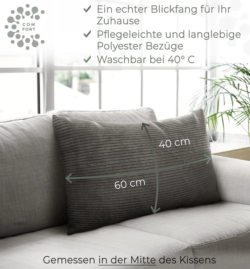 Sofakissen Cord 40x60 2er Set Dekokissen dunkelgrau Couchkissen mit Füllung Dunkelgrau 60 x 40 cm, 2