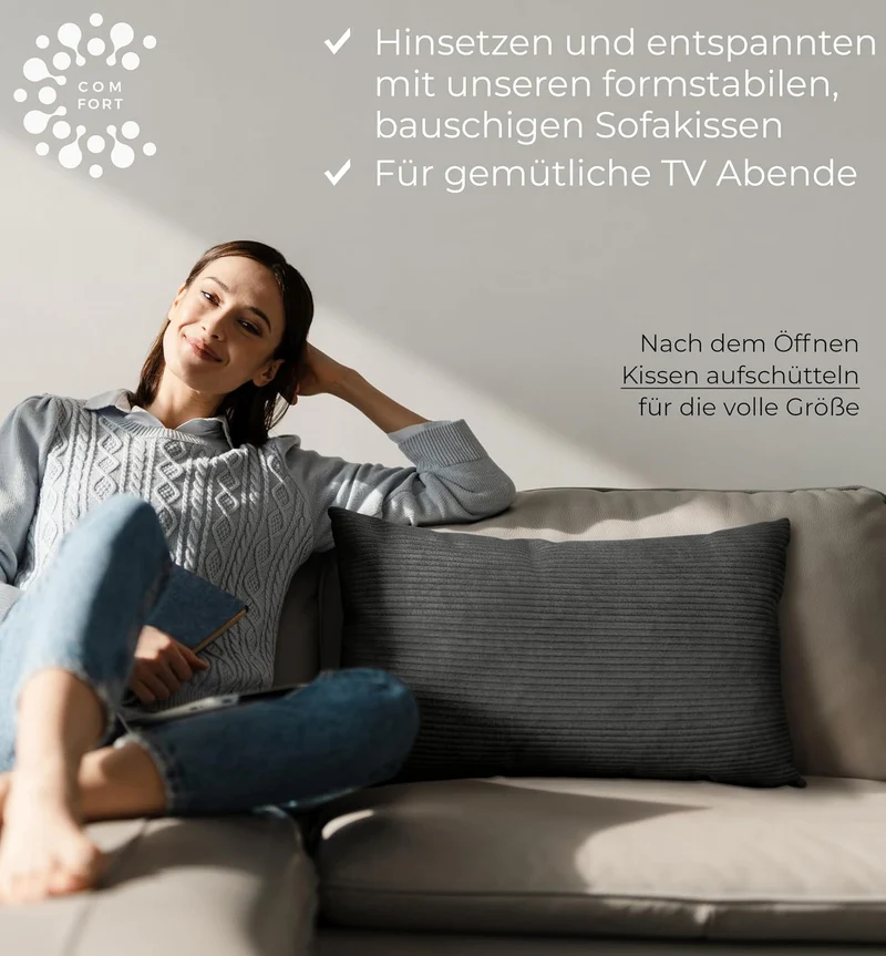 Sofakissen Cord 40x60 2er Set Dekokissen dunkelgrau Couchkissen mit Füllung Dunkelgrau 60 x 40 cm, 2