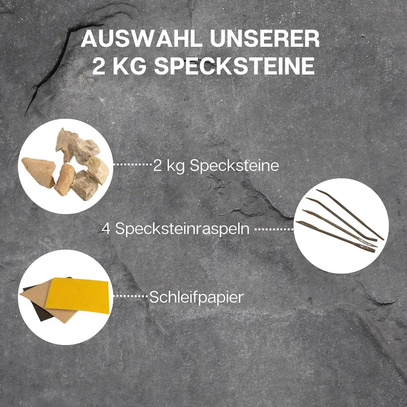 artdee® Speckstein 2kg Set mit (Schleifpapier und 4 Specksteinraspeln) – Werkzeug zum Schnitzen und