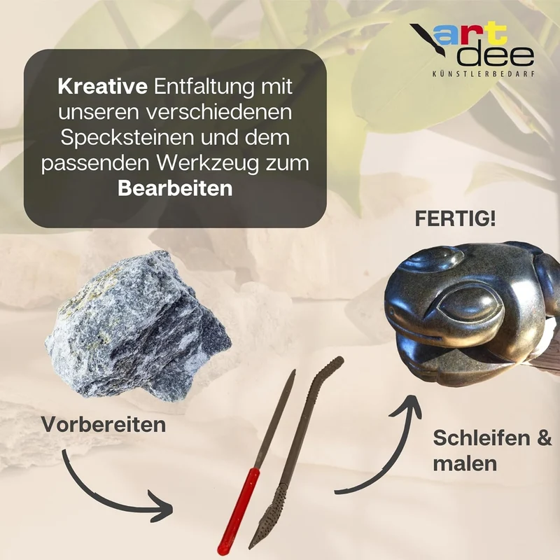 artdee® Speckstein Set mit 2 Feilen und Raspeln – Specksteine (1 kg) und Werkzeug zum Schnitzen und