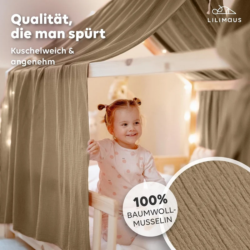 lilimaus Hausbett Himmel - 100% Baumwolle Betthimmel aus Musselin - Hausbett Deko - Geschenk Mädchen