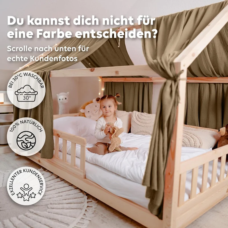 lilimaus Hausbett Himmel - 100% Baumwolle Betthimmel aus Musselin - Hausbett Deko - Geschenk Mädchen
