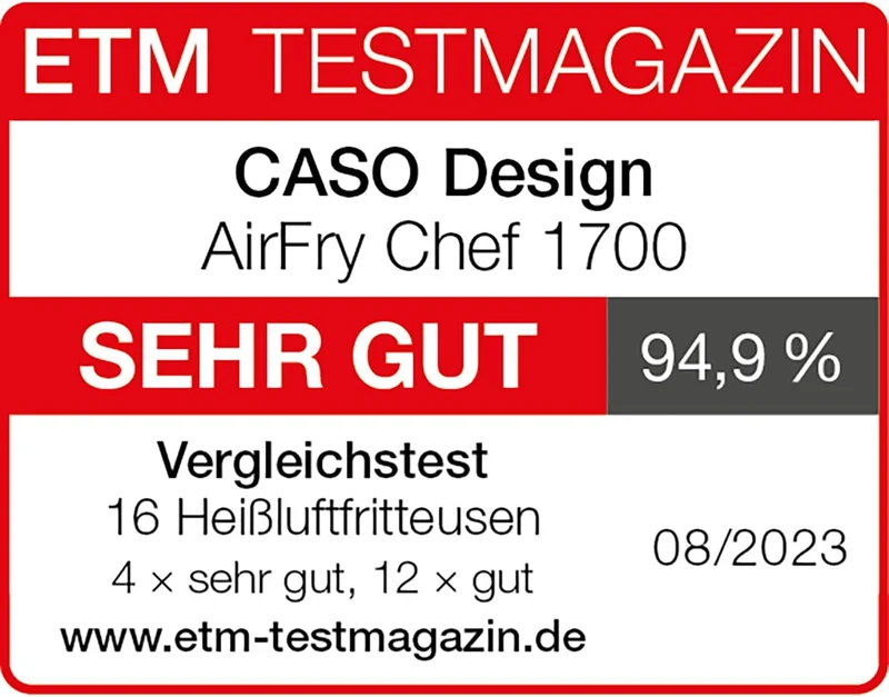 CASO AirFry Chef 1700 - Design Heissluftfritteuse, direkt startbereit ohne Aufheizen, 3 Einschubeben