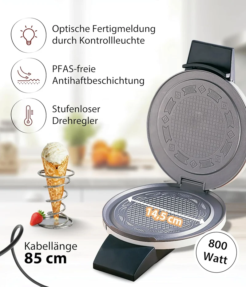 Cloer 261 Hörncheneisen für hauchdünne, knusprige Hörnchen, 800 W, Hörnchengrösse 14,5 cm Durchmesse