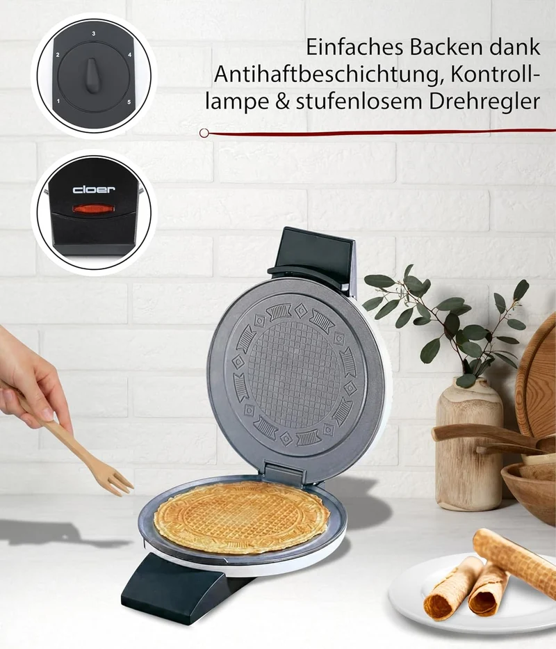 Cloer 261 Hörncheneisen für hauchdünne, knusprige Hörnchen, 800 W, Hörnchengrösse 14,5 cm Durchmesse