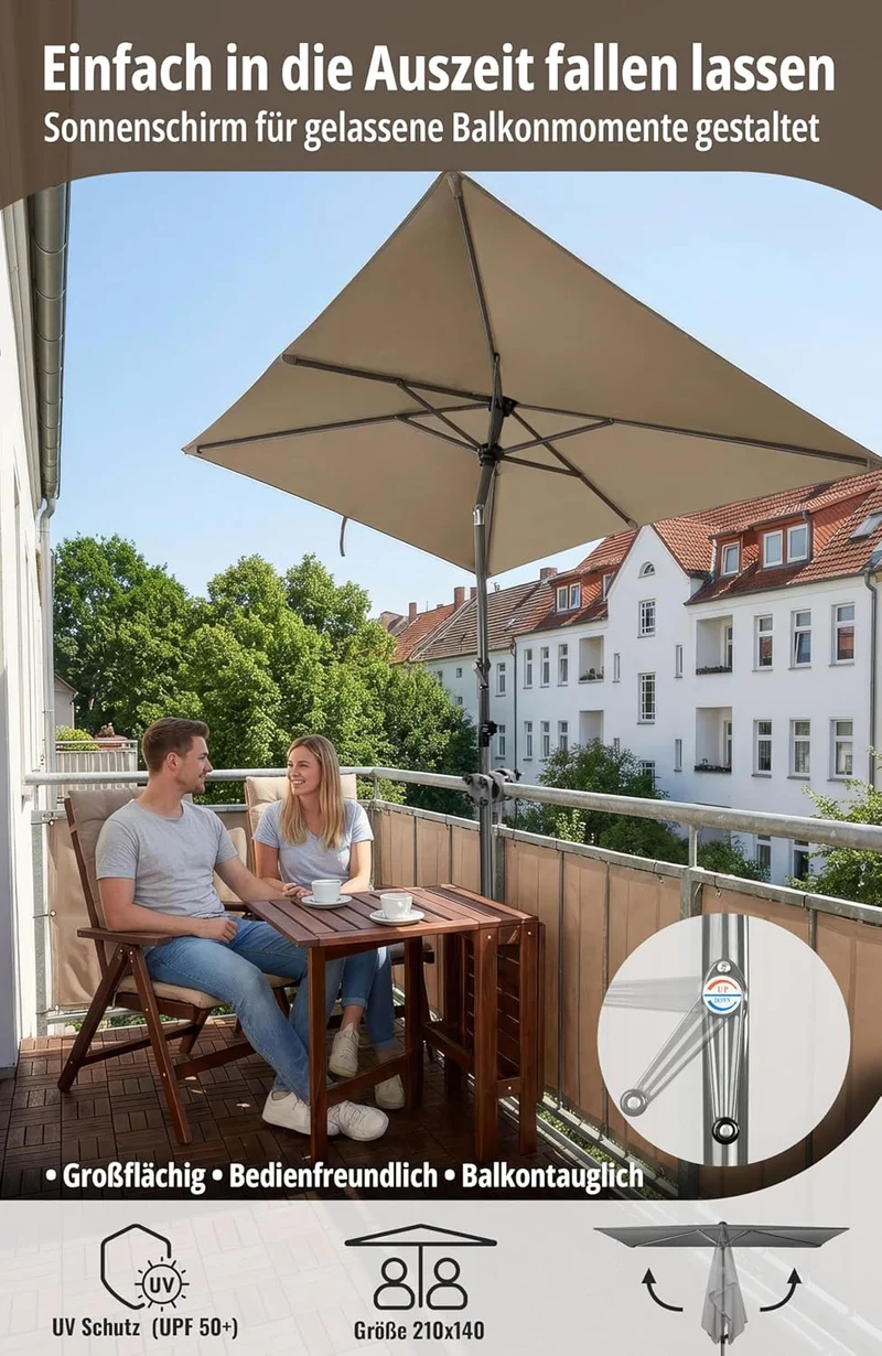 4smile SunnyShade Sonnenschirm Balkon Modern mit Kurbel, Sonnenschirm rechteckig 210x140 cm, Sonnens