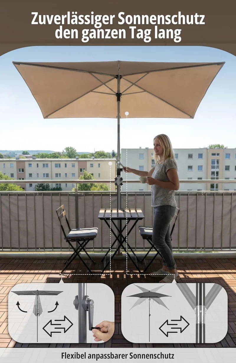 4smile SunnyShade Sonnenschirm Balkon Modern mit Kurbel, Sonnenschirm rechteckig 210x140 cm, Sonnens