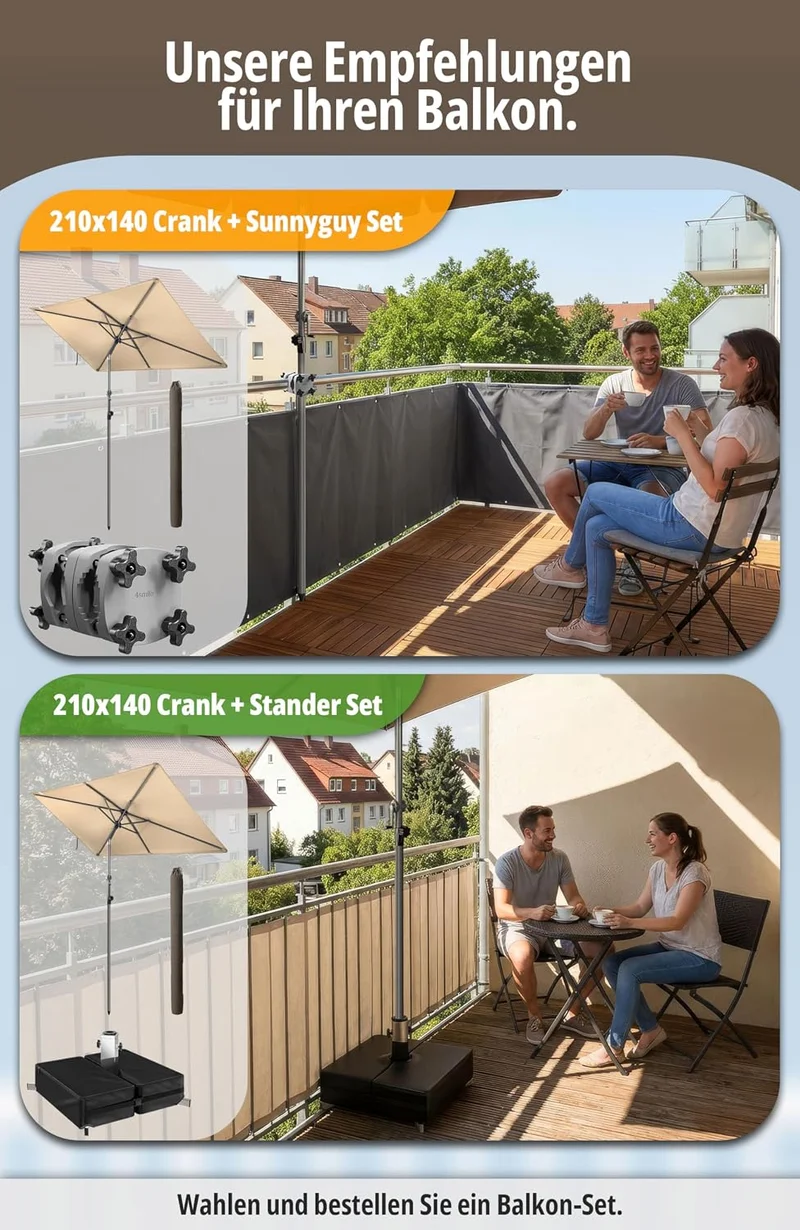 4smile SunnyShade Sonnenschirm Balkon Modern mit Kurbel, Sonnenschirm rechteckig 210x140 cm, Sonnens
