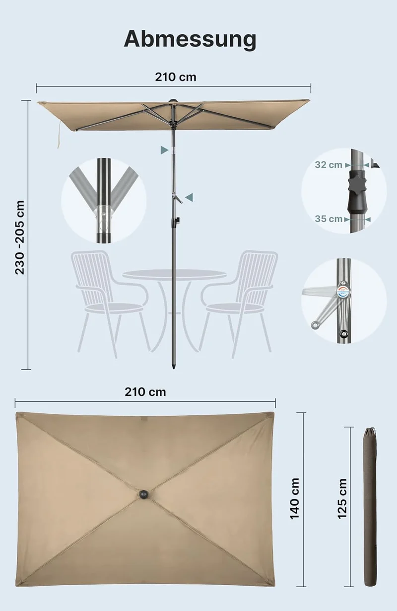 4smile SunnyShade Sonnenschirm Balkon Modern mit Kurbel, Sonnenschirm rechteckig 210x140 cm, Sonnens
