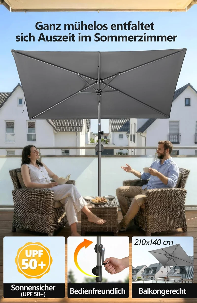 4smile Sonnenschirm Balkon mit Kurbel 210 × 140 cm, Anthrazit Terrasse 210x140 Kurbel Komfort Anthra