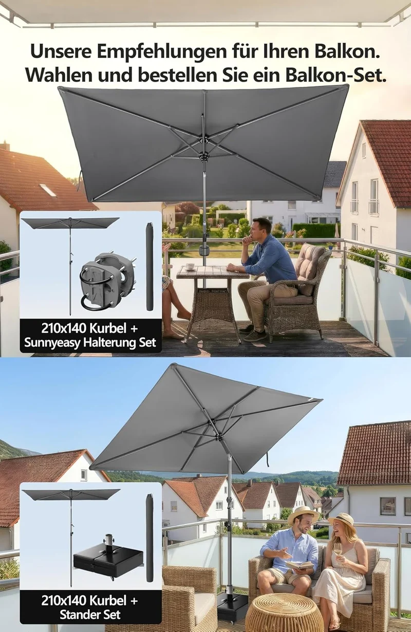 4smile Sonnenschirm Balkon mit Kurbel 210 × 140 cm, Anthrazit Terrasse 210x140 Kurbel Komfort Anthra