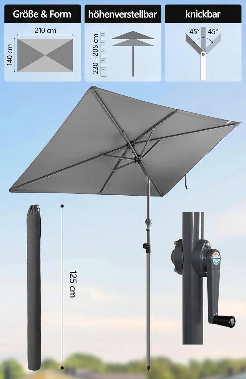 4smile Sonnenschirm Balkon mit Kurbel 210 × 140 cm, Anthrazit Terrasse 210x140 Kurbel Komfort Anthra