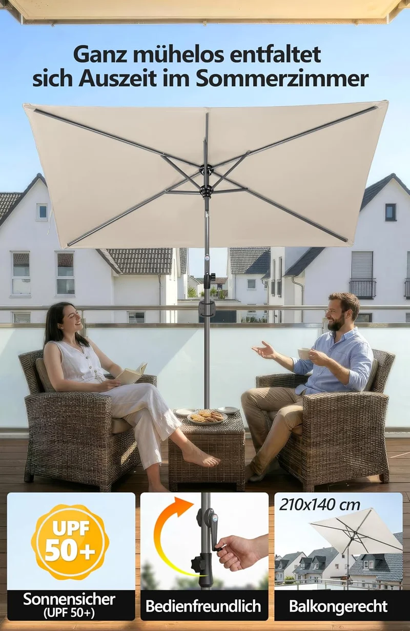 4smile Sonnenschirm Balkon mit Kurbel 210 × 140 cm, Beige Terrasse 210x140 Kurbel Komfort Beige, Ter