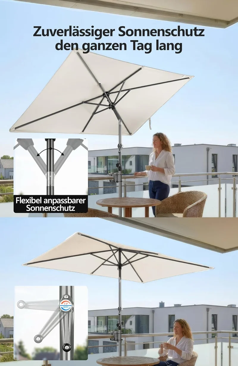 4smile Sonnenschirm Balkon mit Kurbel 210 × 140 cm, Beige Terrasse 210x140 Kurbel Komfort Beige, Ter