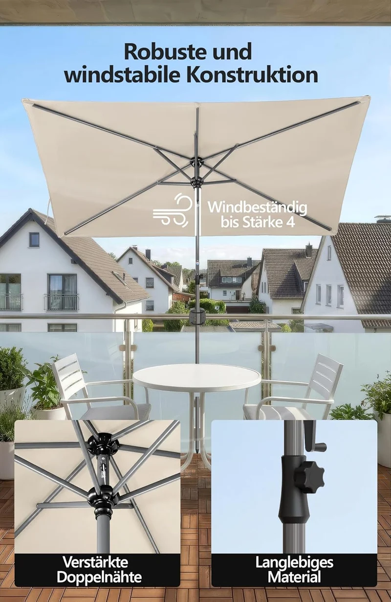 4smile Sonnenschirm Balkon mit Kurbel 210 × 140 cm, Beige Terrasse 210x140 Kurbel Komfort Beige, Ter