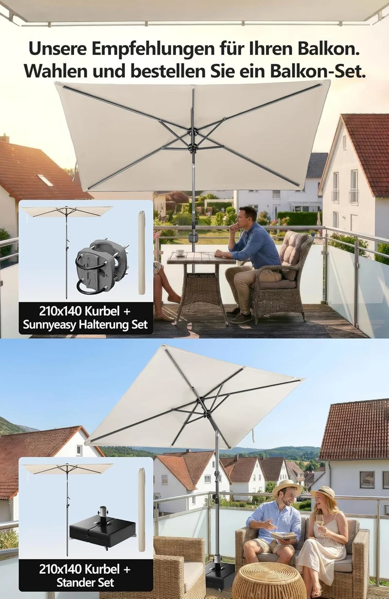 4smile Sonnenschirm Balkon mit Kurbel 210 × 140 cm, Beige Terrasse 210x140 Kurbel Komfort Beige, Ter