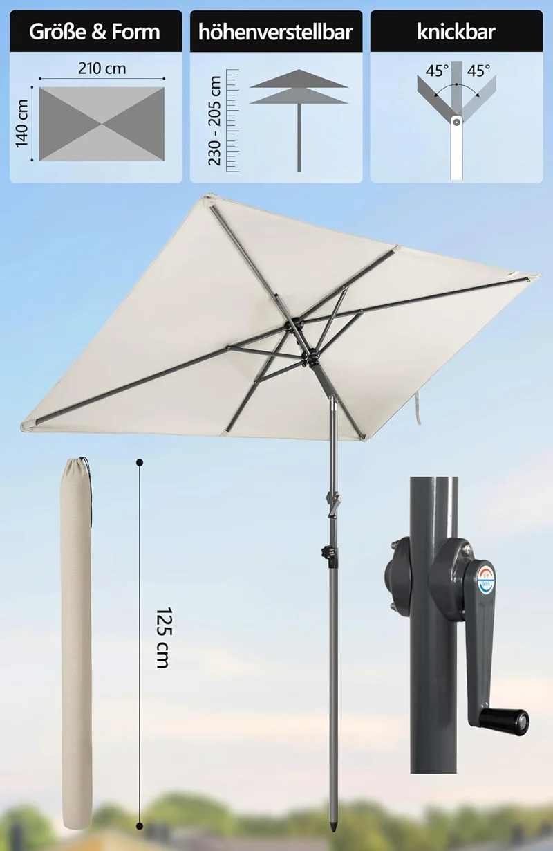 4smile Sonnenschirm Balkon mit Kurbel 210 × 140 cm, Beige Terrasse 210x140 Kurbel Komfort Beige, Ter