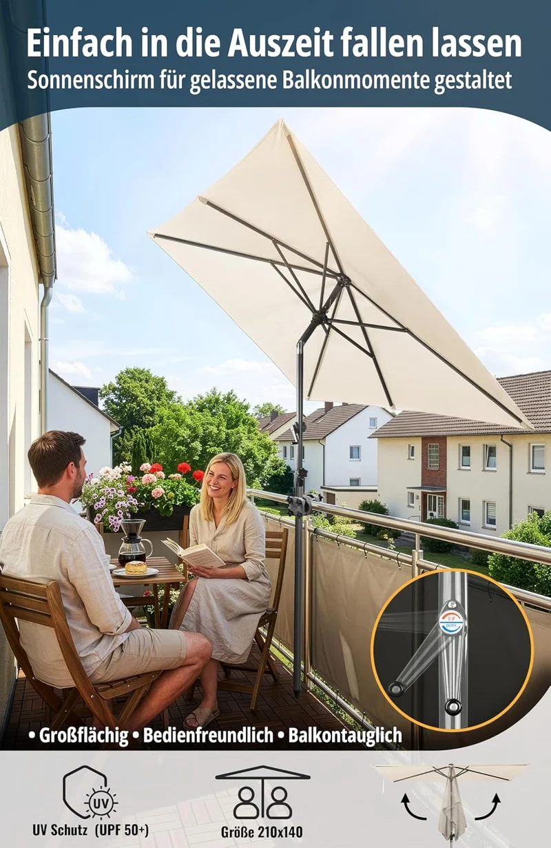 4smile Sonnenschirm Balkon mit Kurbel 210 × 140 cm, Beige Terrasse 210x140 Kurbel Komfort Beige, Ter