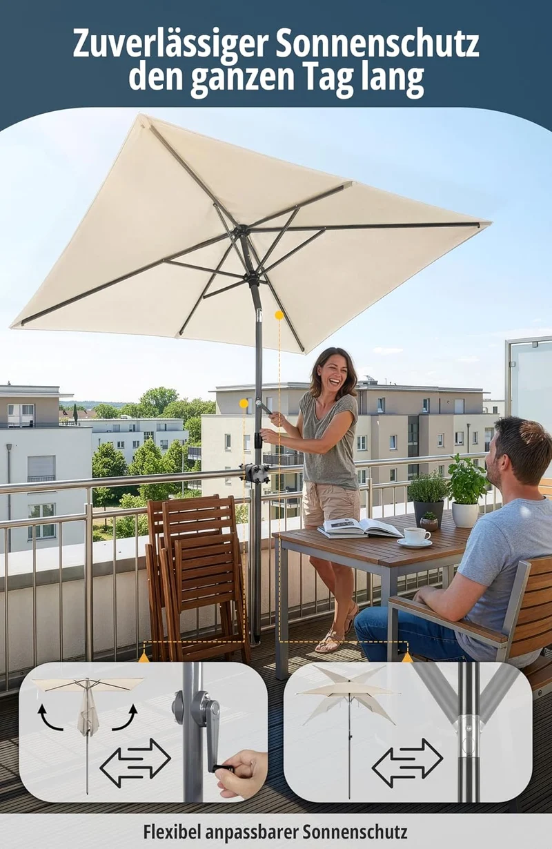 4smile Sonnenschirm Balkon mit Kurbel 210 × 140 cm, Beige Terrasse 210x140 Kurbel Komfort Beige, Ter