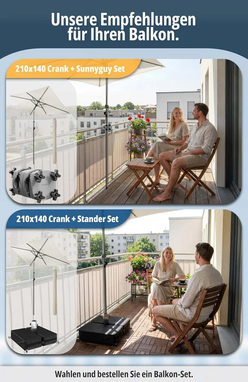 4smile Sonnenschirm Balkon mit Kurbel 210 × 140 cm, Beige Terrasse 210x140 Kurbel Komfort Beige, Ter