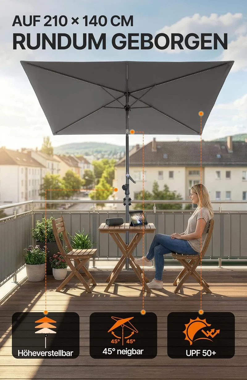 4smile Sonnenschirm Balkon mit Kurbel 210 × 140 cm, Anthrazit Terrasse 210x140 Kurbel Komfort Anthra