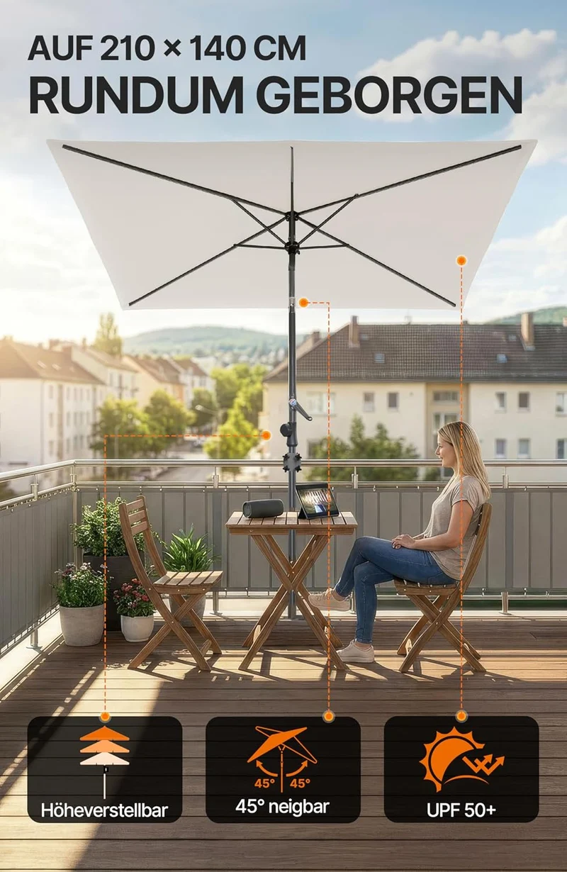 4smile Sonnenschirm Balkon mit Kurbel 210 × 140 cm, Beige Terrasse 210x140 Kurbel Komfort Beige, Ter