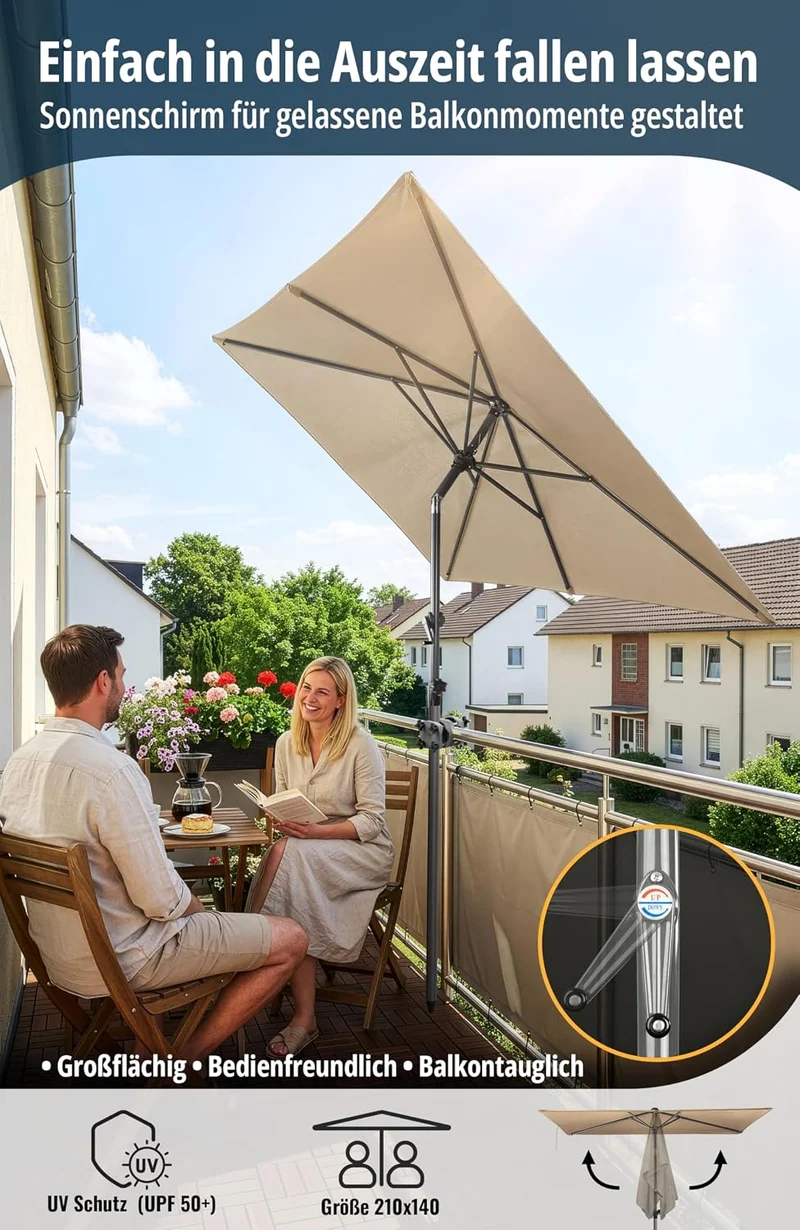 4smile Sonnenschirm Balkon mit Kurbel 210 × 140 cm, Taupe Terrasse 210x140 Kurbel Komfort Taupe, Ter