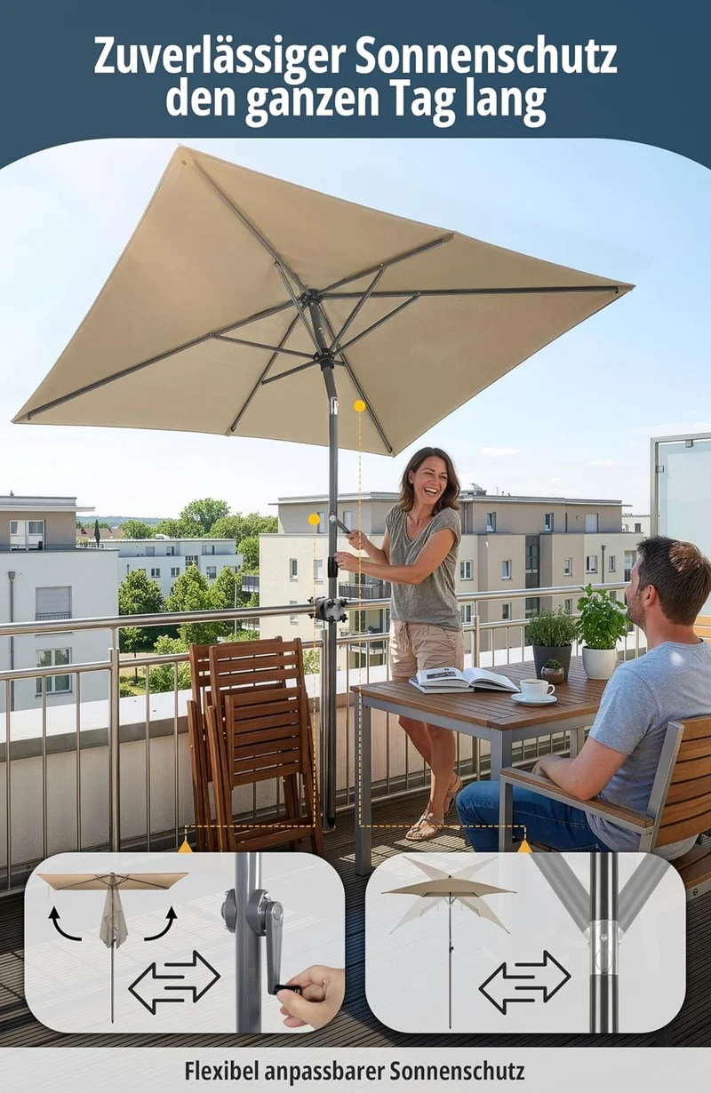 4smile Sonnenschirm Balkon mit Kurbel 210 × 140 cm, Taupe Terrasse 210x140 Kurbel Komfort Taupe, Ter