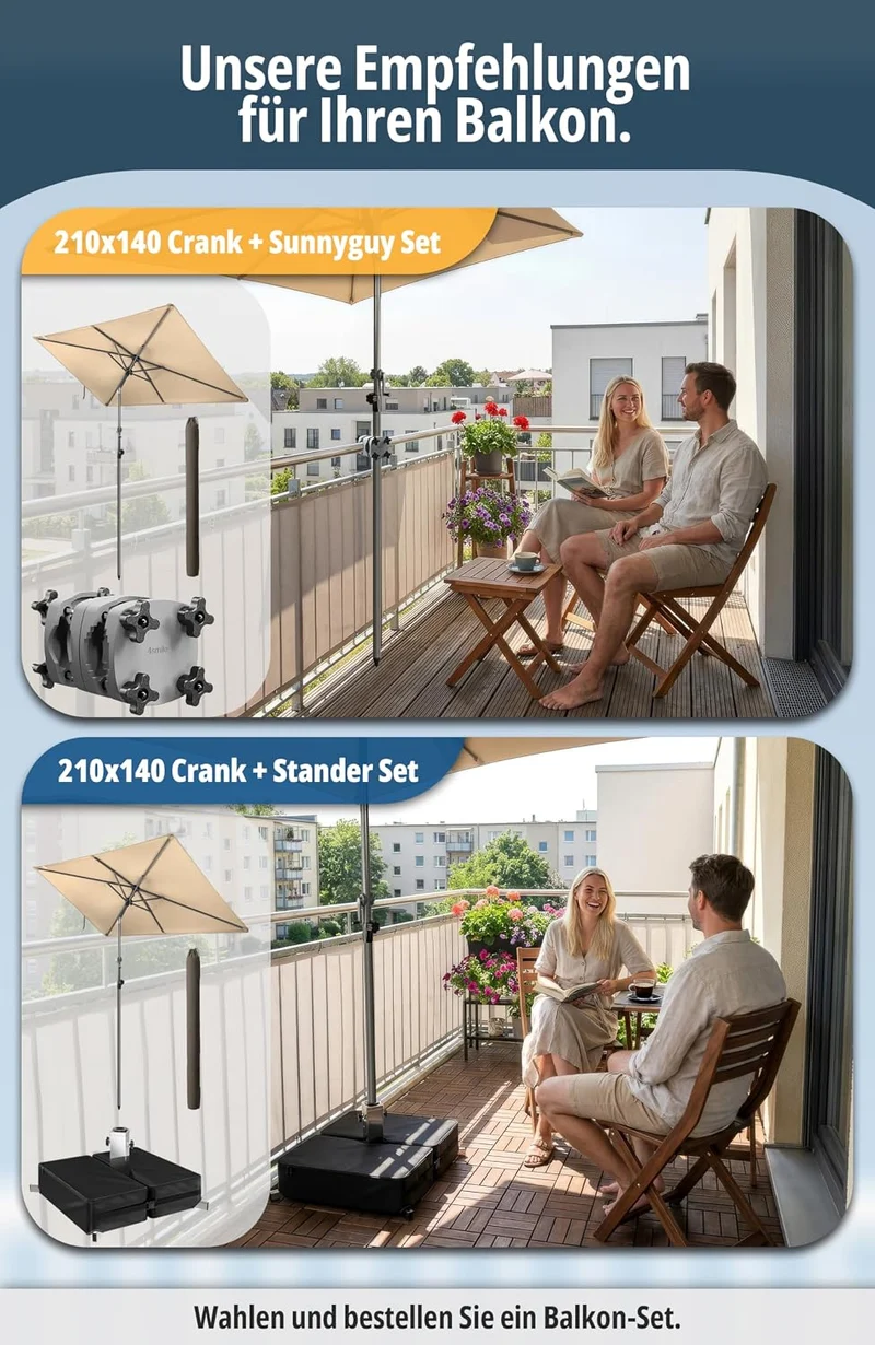 4smile Sonnenschirm Balkon mit Kurbel 210 × 140 cm, Taupe Terrasse 210x140 Kurbel Komfort Taupe, Ter