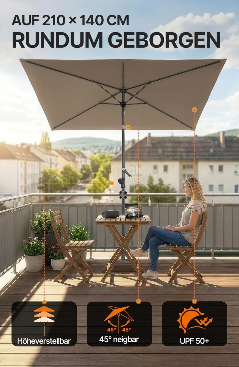4smile Sonnenschirm Balkon mit Kurbel 210 × 140 cm, Taupe Terrasse 210x140 Kurbel Komfort Taupe, Ter