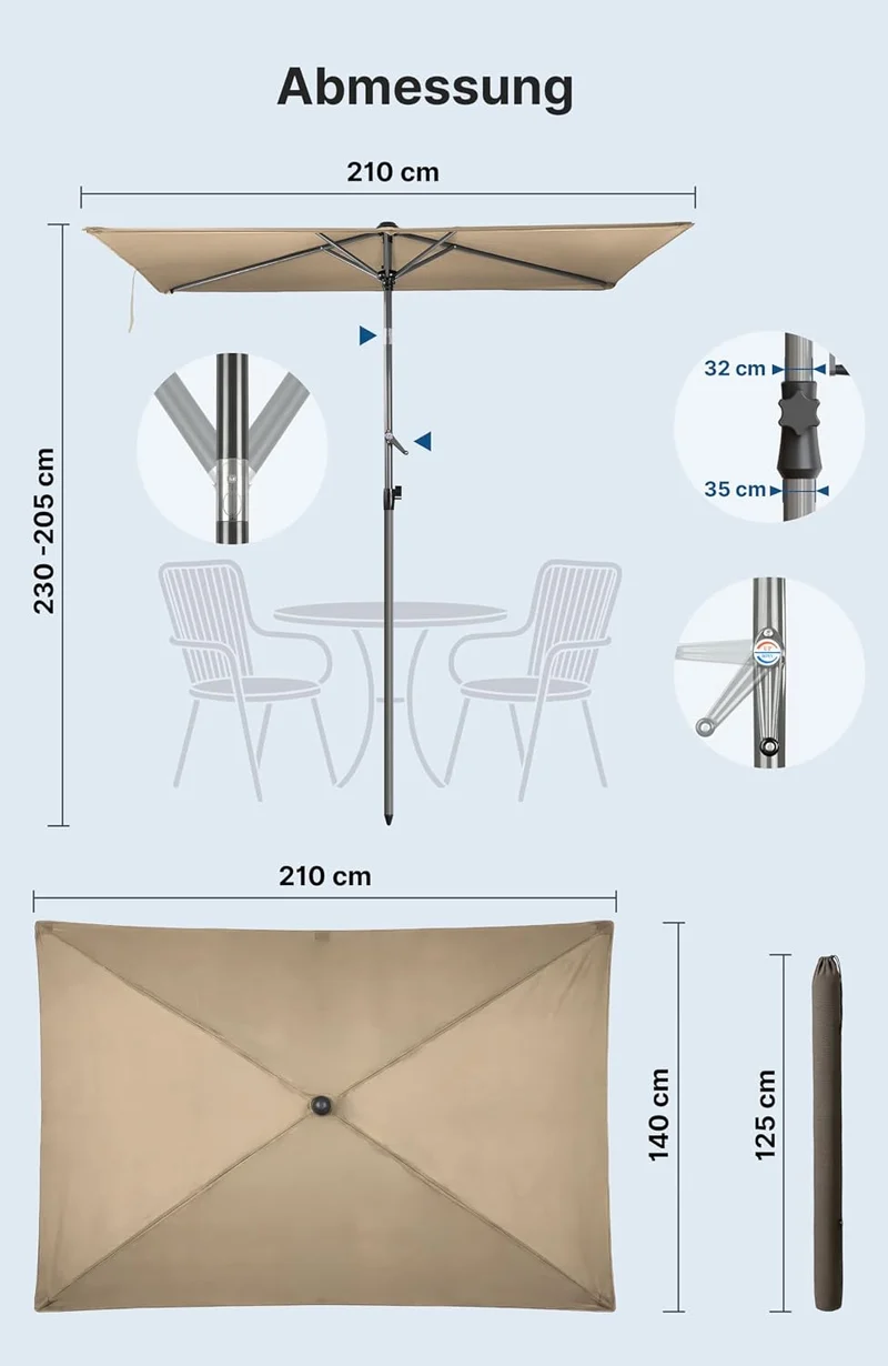 4smile Sonnenschirm Balkon mit Kurbel 210 × 140 cm, Taupe Terrasse 210x140 Kurbel Komfort Taupe, Ter