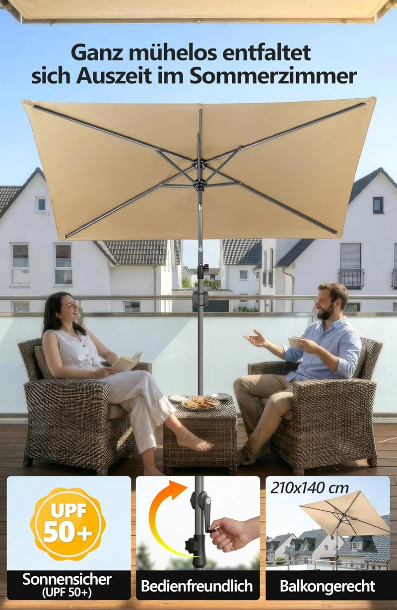 4smile Sonnenschirm Balkon mit Kurbel 210 × 140 cm, Taupe Terrasse 210x140 Kurbel Komfort Taupe, Ter