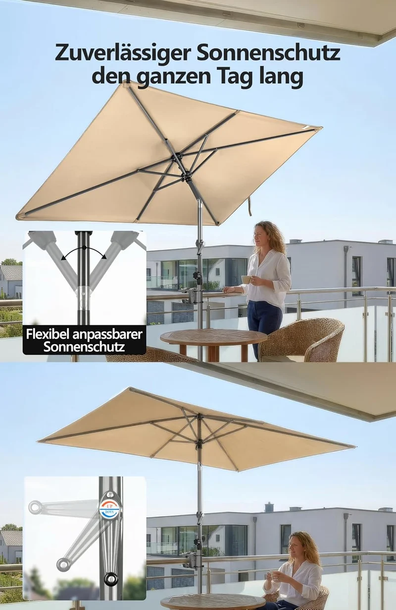4smile Sonnenschirm Balkon mit Kurbel 210 × 140 cm, Taupe Terrasse 210x140 Kurbel Komfort Taupe, Ter