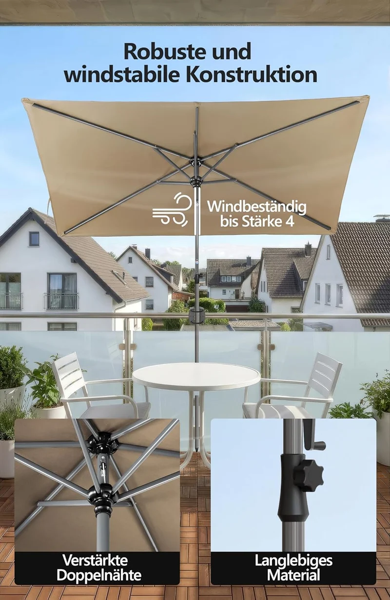 4smile Sonnenschirm Balkon mit Kurbel 210 × 140 cm, Taupe Terrasse 210x140 Kurbel Komfort Taupe, Ter