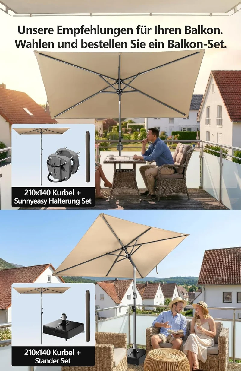 4smile Sonnenschirm Balkon mit Kurbel 210 × 140 cm, Taupe Terrasse 210x140 Kurbel Komfort Taupe, Ter