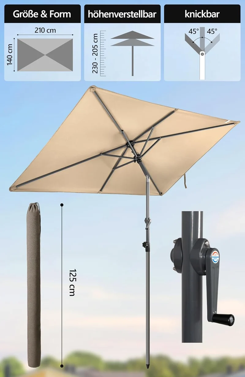 4smile Sonnenschirm Balkon mit Kurbel 210 × 140 cm, Taupe Terrasse 210x140 Kurbel Komfort Taupe, Ter