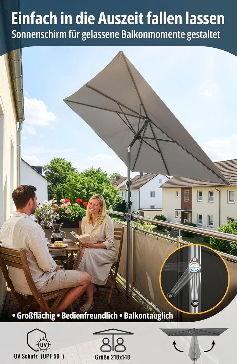 4smile Sonnenschirm Balkon mit Kurbel 210 × 140 cm, Anthrazit Terrasse 210x140 Kurbel Komfort Anthra