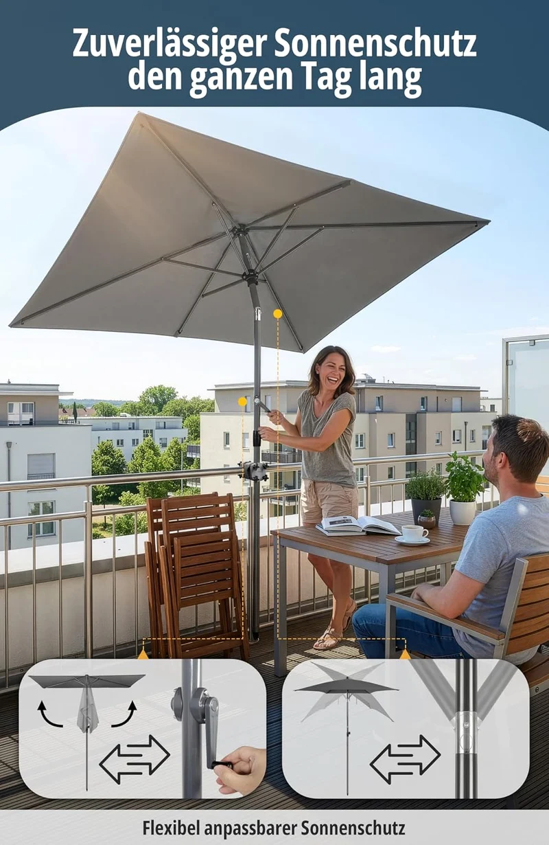 4smile Sonnenschirm Balkon mit Kurbel 210 × 140 cm, Anthrazit Terrasse 210x140 Kurbel Komfort Anthra