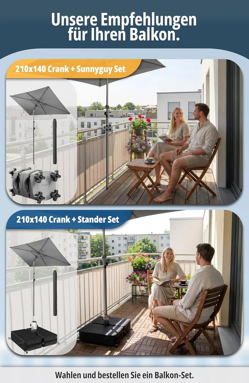 4smile Sonnenschirm Balkon mit Kurbel 210 × 140 cm, Anthrazit Terrasse 210x140 Kurbel Komfort Anthra