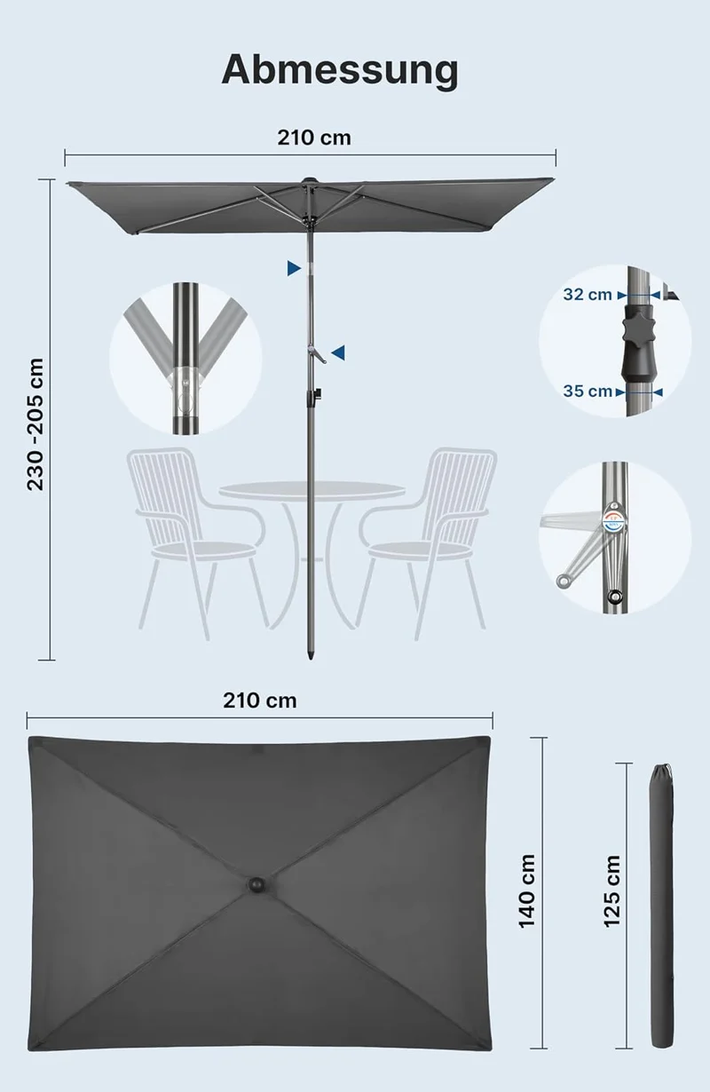 4smile Sonnenschirm Balkon mit Kurbel 210 × 140 cm, Anthrazit Terrasse 210x140 Kurbel Komfort Anthra