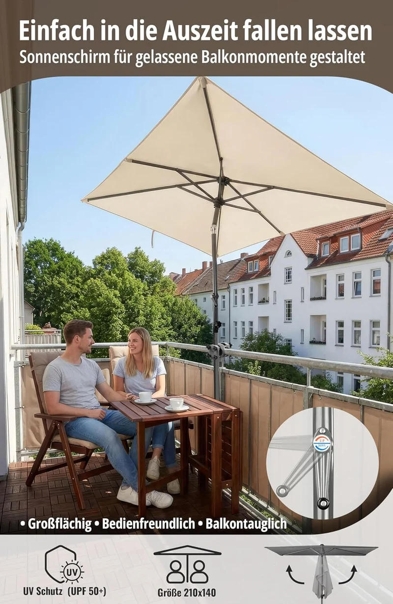 4smile SunnyShade Sonnenschirm Balkon Modern mit Kurbel, Sonnenschirm rechteckig 210x140 cm, Sonnens