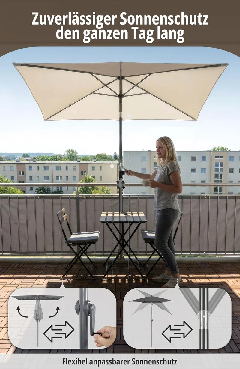 4smile SunnyShade Sonnenschirm Balkon Modern mit Kurbel, Sonnenschirm rechteckig 210x140 cm, Sonnens