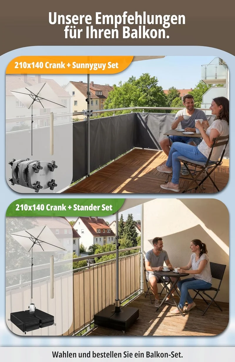 4smile SunnyShade Sonnenschirm Balkon Modern mit Kurbel, Sonnenschirm rechteckig 210x140 cm, Sonnens
