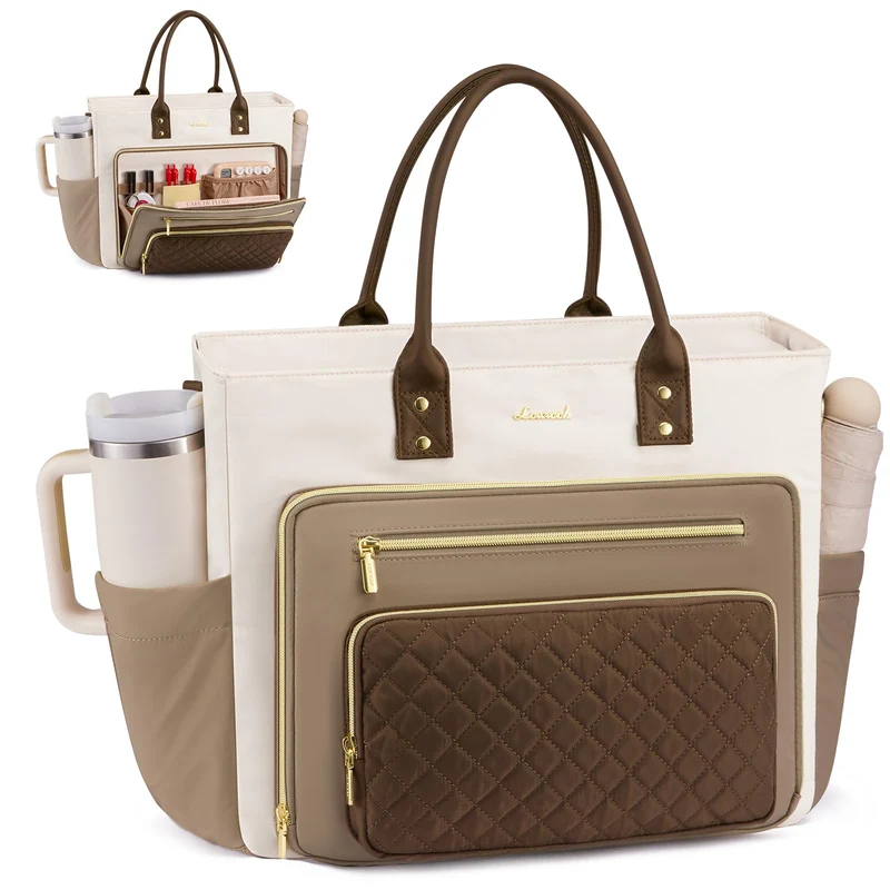LOVEVOOK Lehrertasche Damen Gross, 15.6 Zoll Laptoptasche Arbeitstasche Khaki-beige-kaffeebraun 15,6