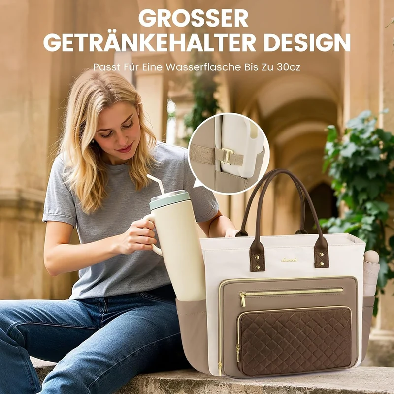 LOVEVOOK Lehrertasche Damen Gross, 15.6 Zoll Laptoptasche Arbeitstasche Khaki-beige-kaffeebraun 15,6