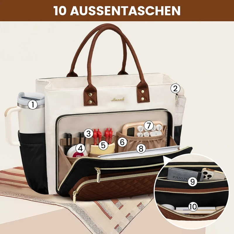LOVEVOOK Lehrertasche Damen Gross, 15.6 Zoll Laptoptasche Arbeitstasche Khaki-beige-kaffeebraun 15,6