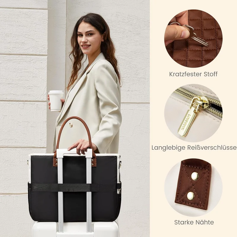 LOVEVOOK Lehrertasche Damen Gross, 15.6 Zoll Laptoptasche Arbeitstasche Khaki-beige-kaffeebraun 15,6